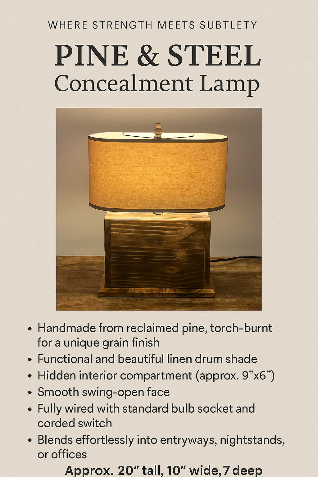Pine & Steel Concealment Lamp – Rustic Wood Lamp with Hidden Storage